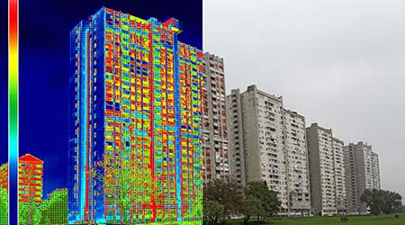 An infrared image of a building showing temperature differences.