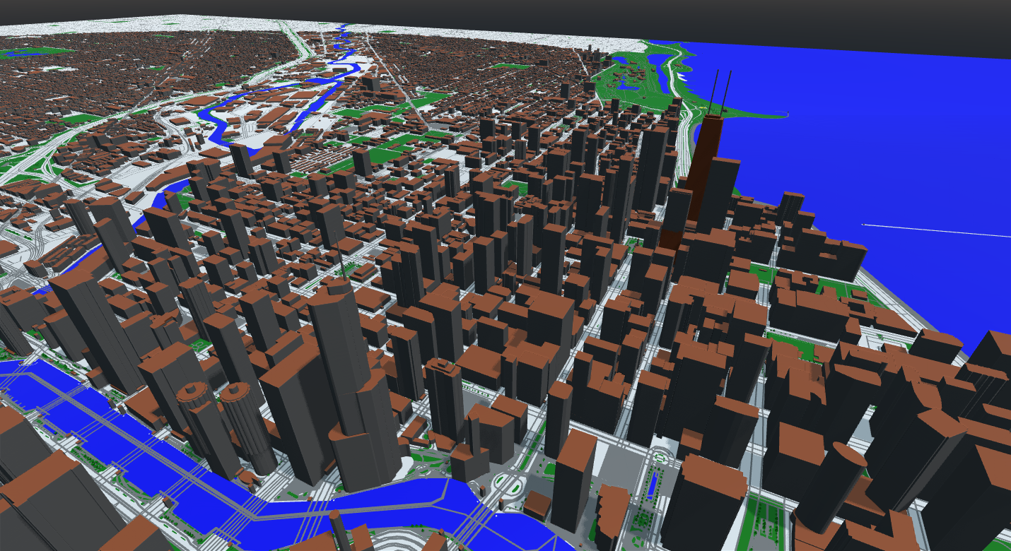 Ktirio urban reconstruction showing buildings, river and lake in Chicago.